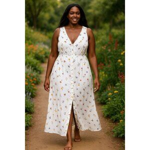 Vintage Together Midi Dress 18 Pockets Full Button Sundress Butterfly Fairy